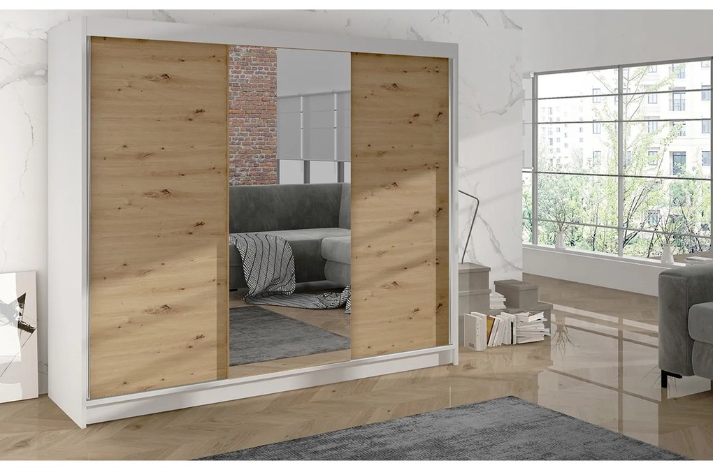 Šatníková skriňa DERBY I - 200 cm Biela - dub artisan