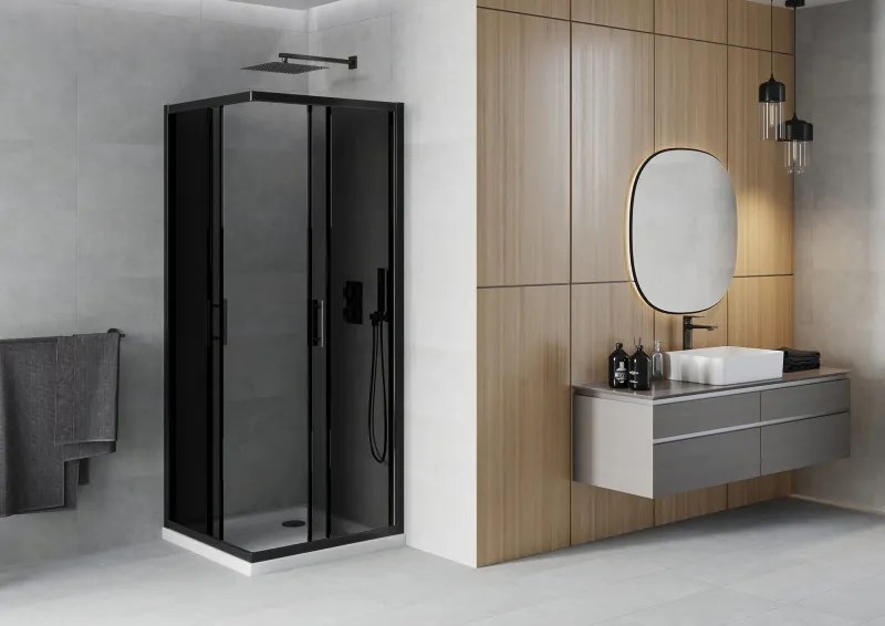 Mexen Rio, štvorcový sprchovací kút s posuvnými dverami 80(dvere) x 80(dvere) x 190 cm, 6mm šedé sklo, čierny profil + biela sprchová vanička SLIM, 860-080-080-70-40-4010B