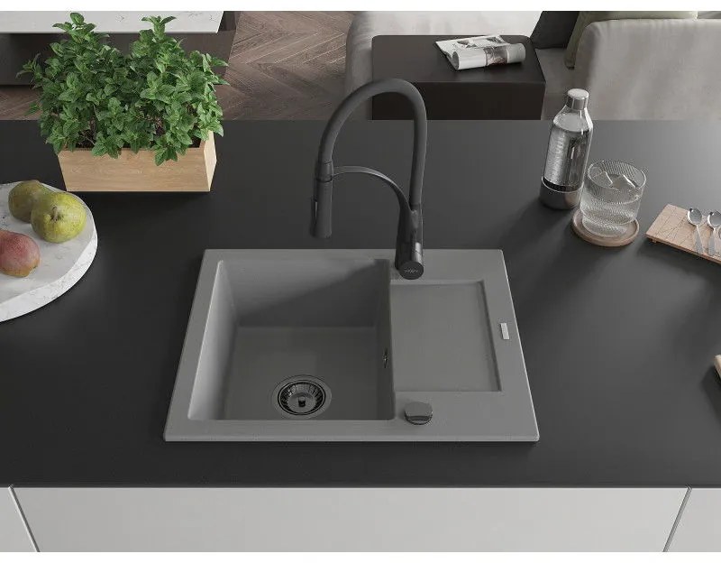 Mexen Enzo, 1-komorový granitový drez 576x465x174 mm a drezová batéria Aster, šedá, 6506-71-73450-70-B