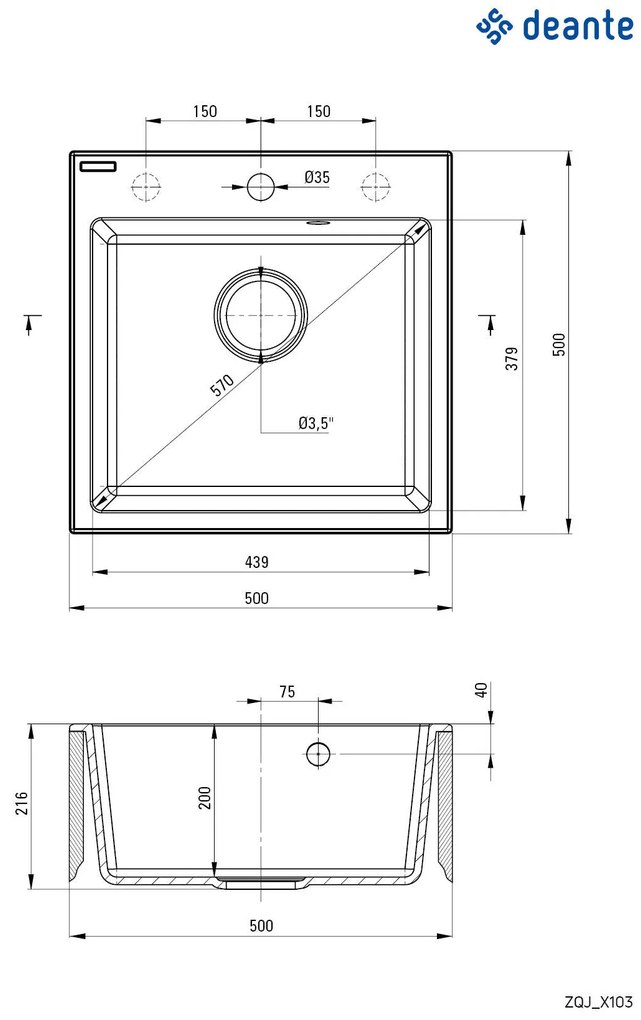 Deante Evora, 1-komorový granitový drez 500x500x216 mm, antracitová metalíza, DEA-ZQJ_T103