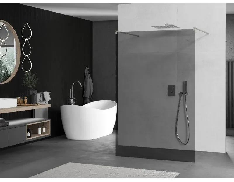 Mexen Kioto, sprchová zástena Walk-In 110 x 200 cm, 8mm šedé sklo, brúsená oceľ profil, 800-110-002-97-40