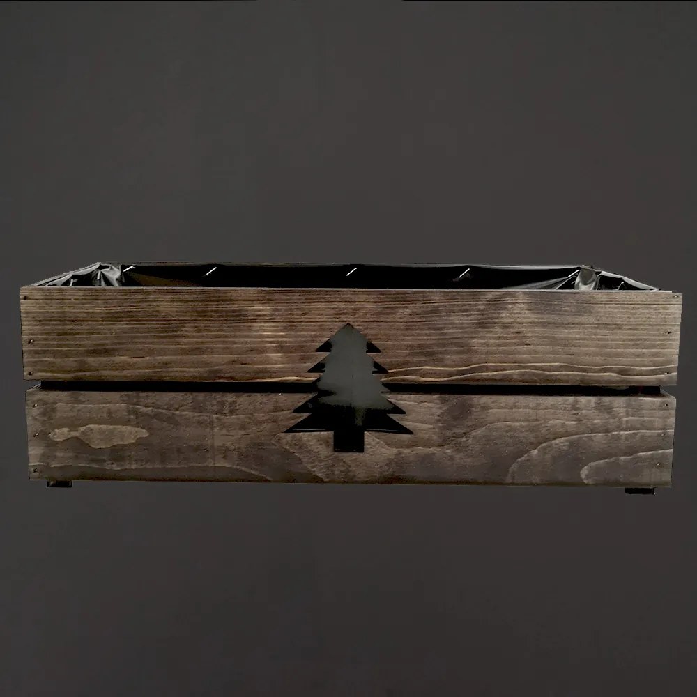 AMADEA Drevený vianočný kvetináč so stromčekom tmavý, vo vnútri s čiernou fóliou, 52x21,5x17cm, český výrobok