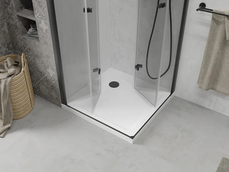 Mexen Lima Duo, sprchovací kút s 2-krídlovými skladacími dverami 80 (dvere) x 80 (dvere) cm, 6mm číre sklo, čierny profil + slim sprchová vanička 5cm biela s čiernym sifónom, 856-080-080-70-02-4010B