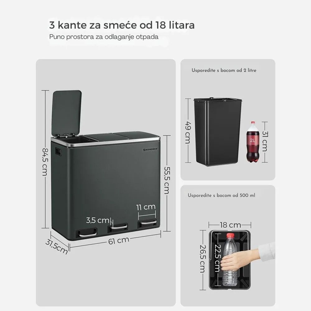 Kôš na separovanie odpadu SORT 54 l (3×18 l), antracitová/strieborná SongmicsHome