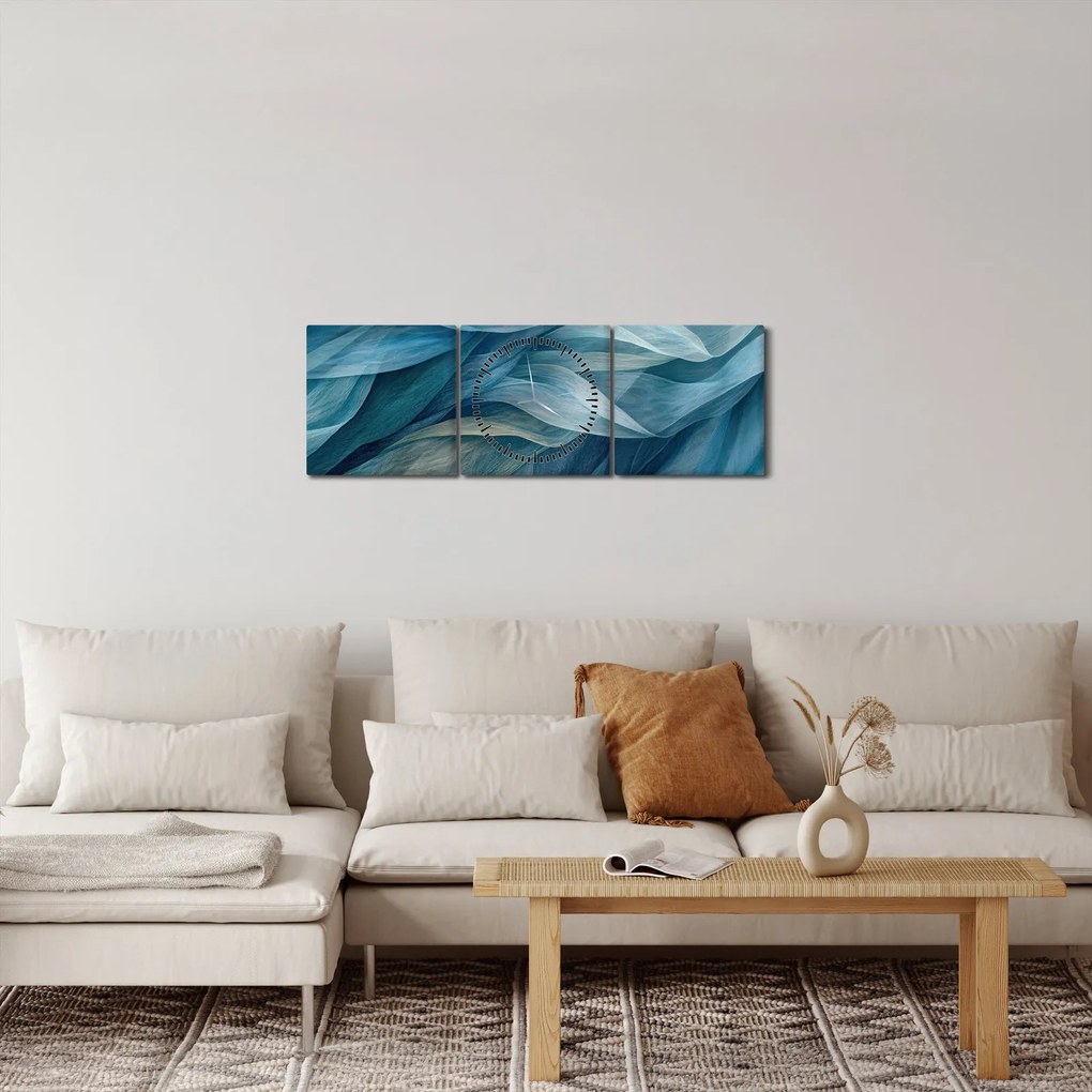 Obraz - Modrobiele vlnky (s hodinami) (90x30 cm)