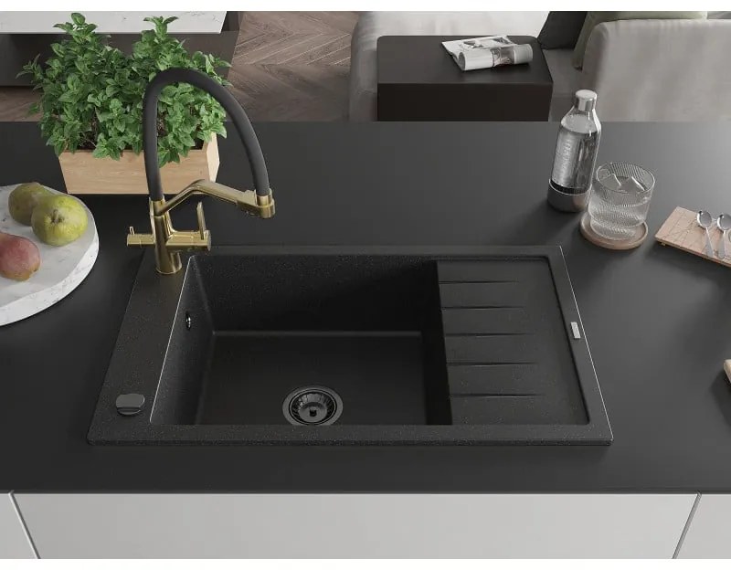Mexen Elias, 1-komorový granitový drez 795x480x200 mm a drezová batéria Duo, čierna-strieborná metalíza, 6511-73-671701-57-B