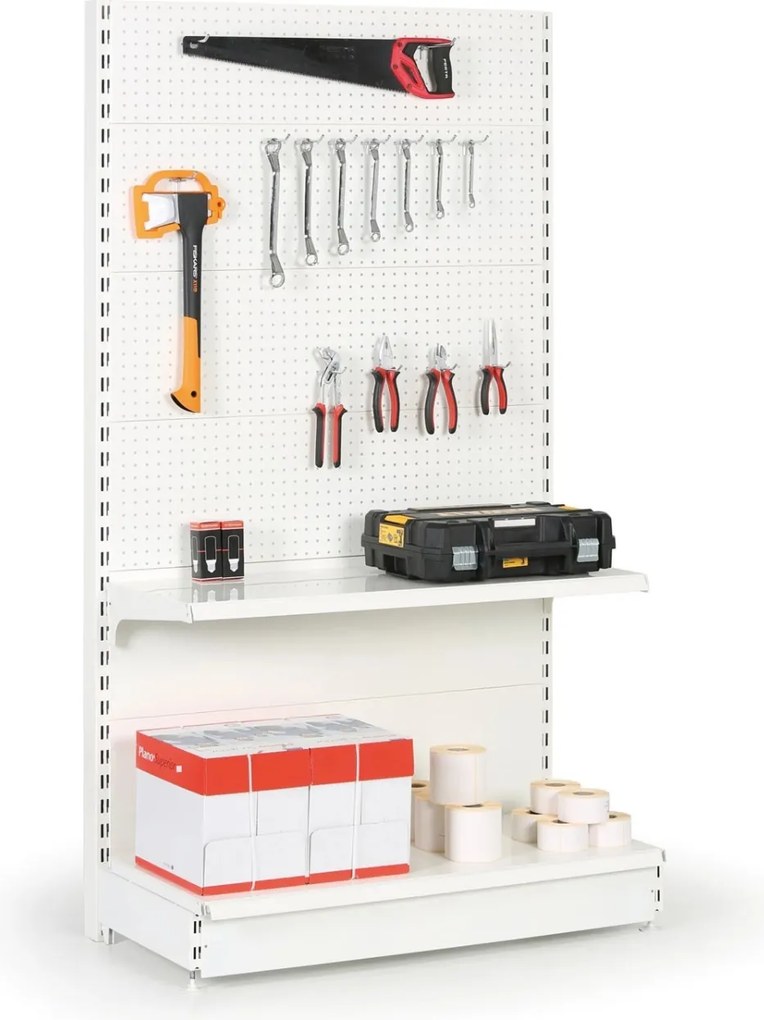 Predajný regál jednostranný, perfo steny, 2200 x 1000 x 450 mm, základná, biela