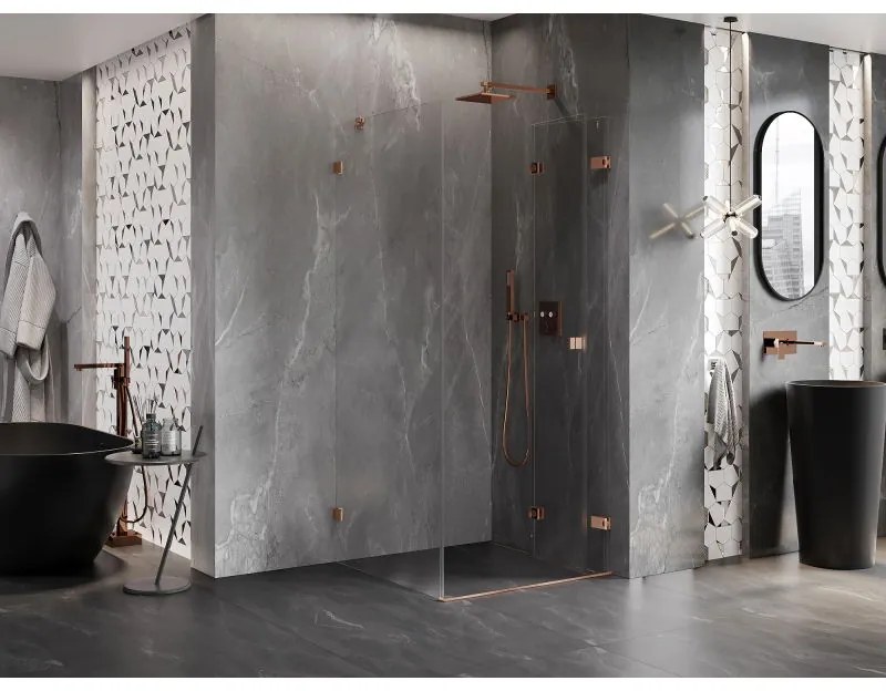 Mexen Lunar-F, 1-krídlový sprchový kút so skladacími dverami, pravý, 90 x 90 cm, 8mm číre sklo, medený profil, 836-090-090-65-00-P