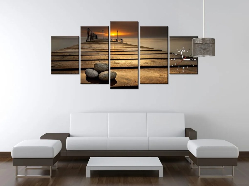 Gario Obraz s hodinami Nádherné ráno pri móle - 5 dielny Rozmery: 150 x 105 cm
