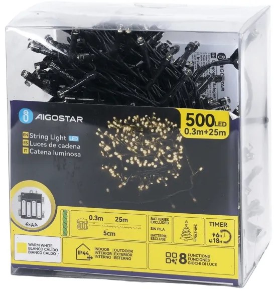 Aigostar - Vonkajší LED svetelný reťazec 500xLED/8 funkcií 4xAA 25,3 m teplá biela