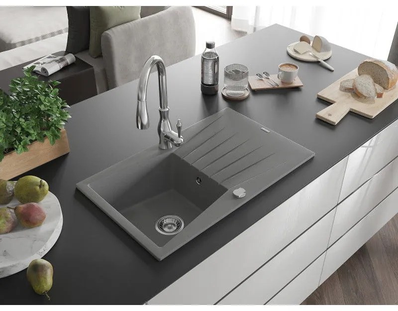 Mexen Cesar, 1-komorový granitový drez 775x470x190 mm a drezová batéria Savita, šedá, 6514-71-672601-00