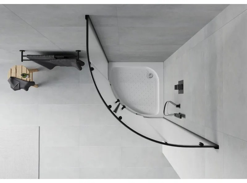 Mexen Rio, štvrťkruhový sprchovací kút s posuvnými dverami 90(dvere) x 90(dvere) x 190 cm, 6mm sklo námraza, čierny profil + biela sprchová vanička RIO, 863-090-090-70-30-4710