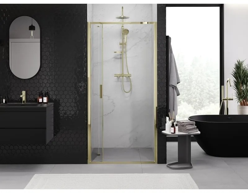 Mexen Exo, skladacie sprchové dvere 75 cm, číre sklo, zlatá, 816-075-000-50-00