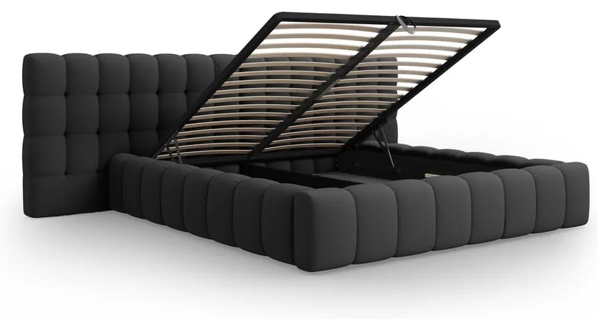 Čierna čalúnená dvojlôžková posteľ s úložným priestorom a roštom 180x200 cm Mamaia – Micadoni Home