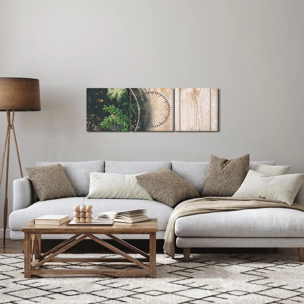 Obraz sukulentov v skle (s hodinami) (90x30 cm)
