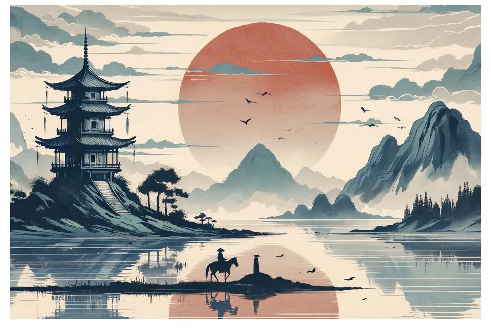 Obraz japonská krajina s jazdcom