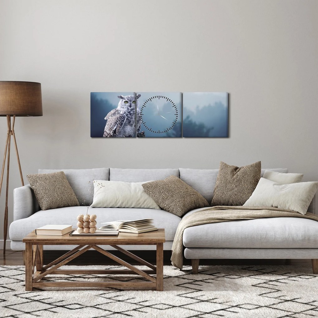 Obraz - Sova snežná (s hodinami) (90x30 cm)