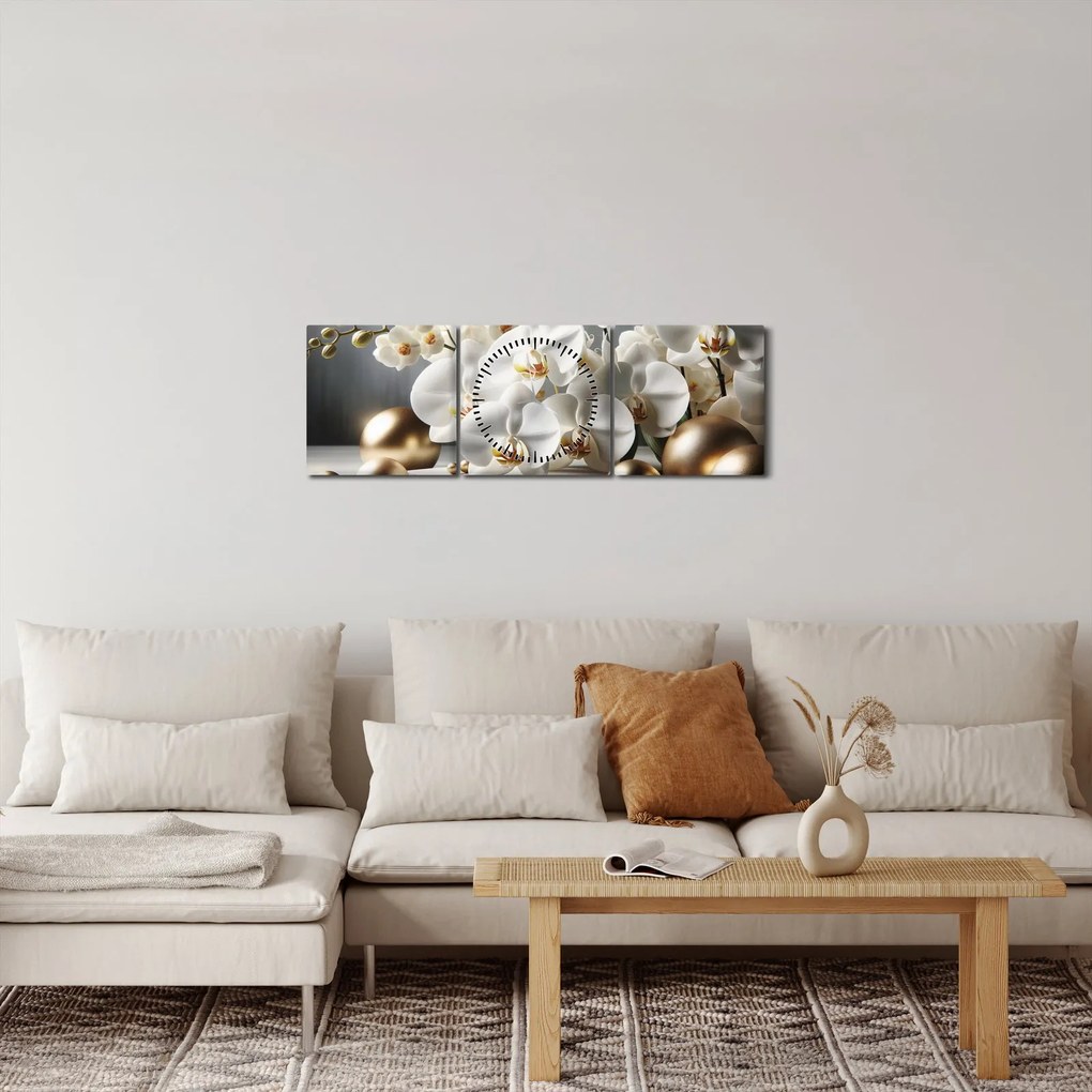 Obraz - Orchidea a zlaté gule (s hodinami) (90x30 cm)