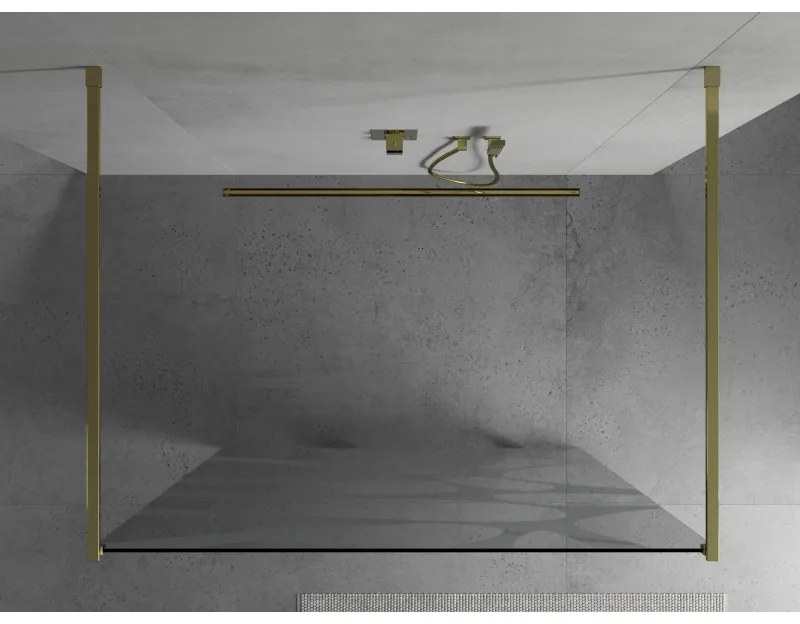 Mexen Kioto, priechodná sprchová zástena 100 x 200 cm, 8mm sklo číre/biely vzor, 2x zlatá stabilizačná rozpera, 800-100-002-50-97