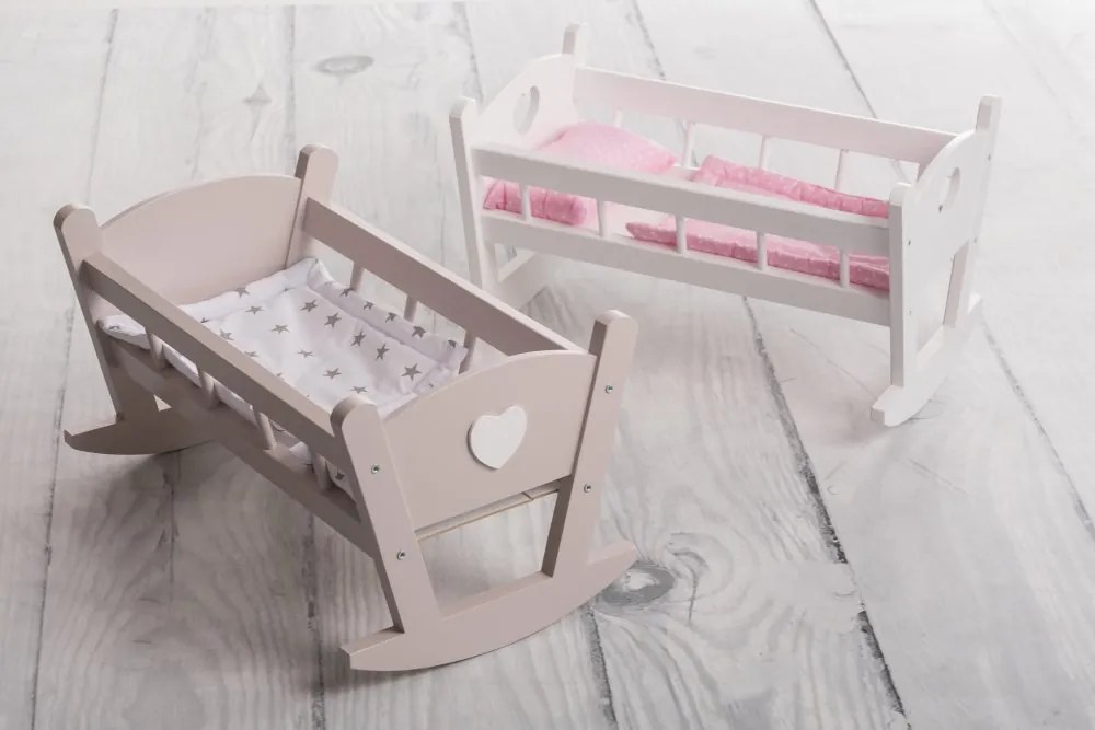 Drevená kolíska pre bábiky s dekoráciou  biela