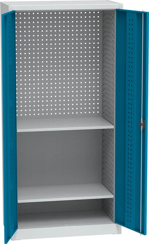 Policová dielenská skriňa na náradie KOVOS, perforovaný panel, 2 police, 950 x 500 x 1950 mm