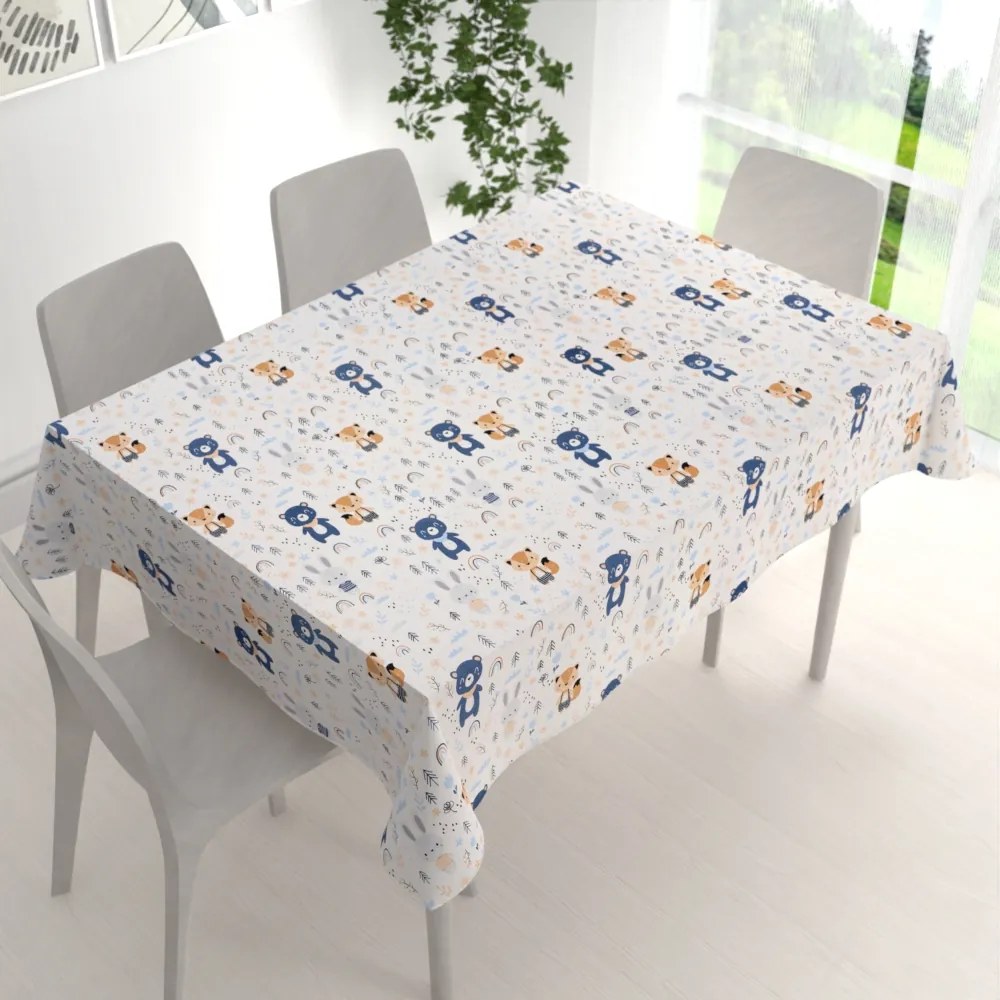 Biante Detský bavlnený obdĺžnikový obrus Sandra SA-595 Modro-béžové lesné zvieratká na bielom 120x180 cm