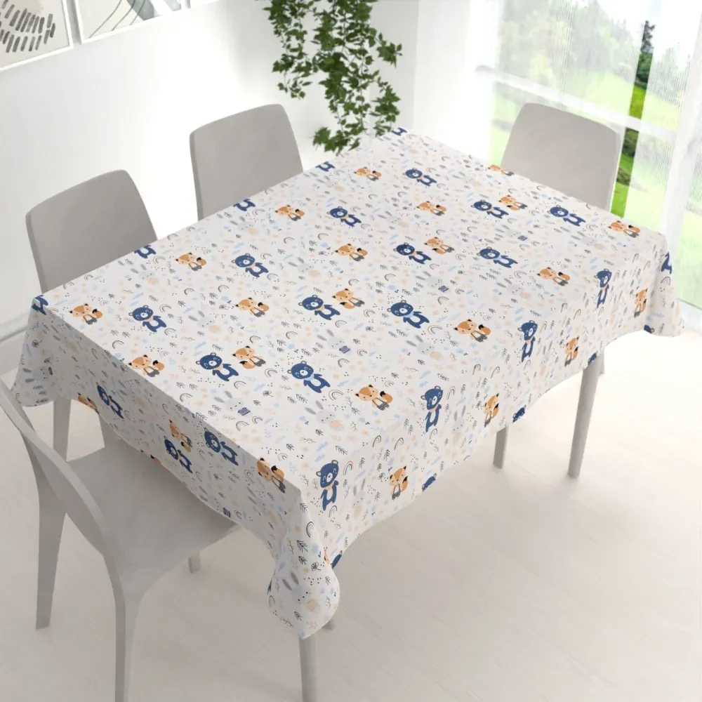 Biante Detský bavlnený obdĺžnikový obrus Sandra SA-595 Modro-béžové lesné zvieratká na bielom 140x220 cm