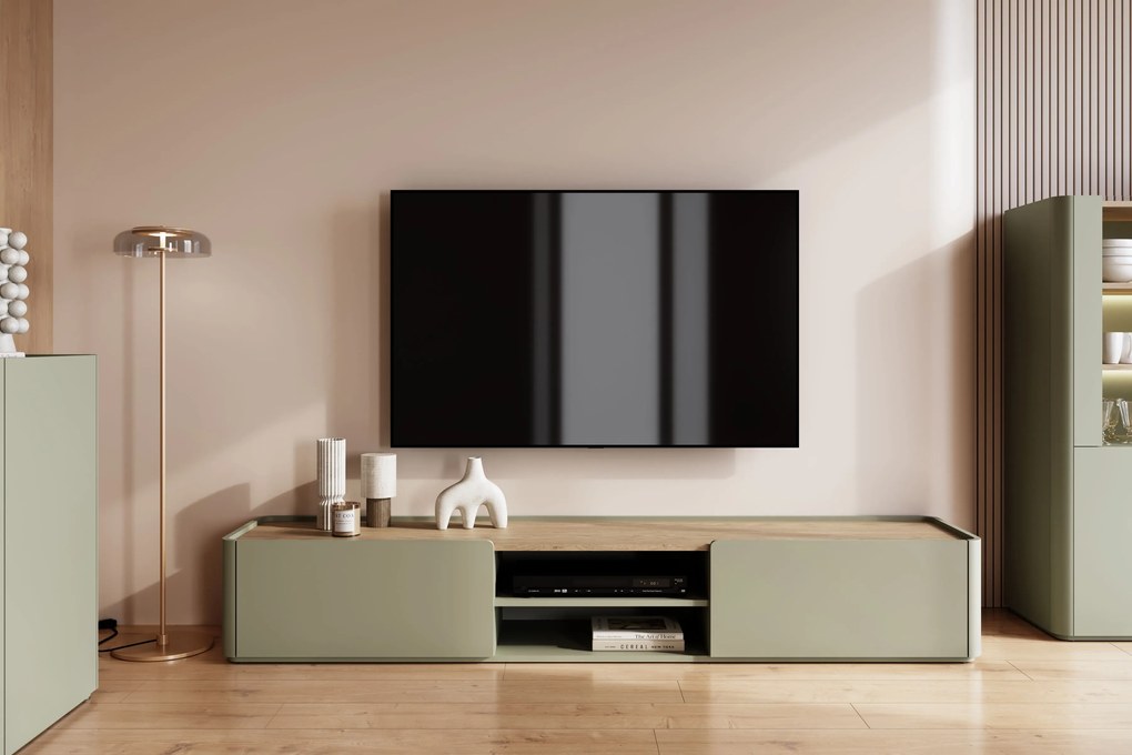 TV stolík Elivo 220 cm so zásuvkou - eukalyptus / dub baltic dune