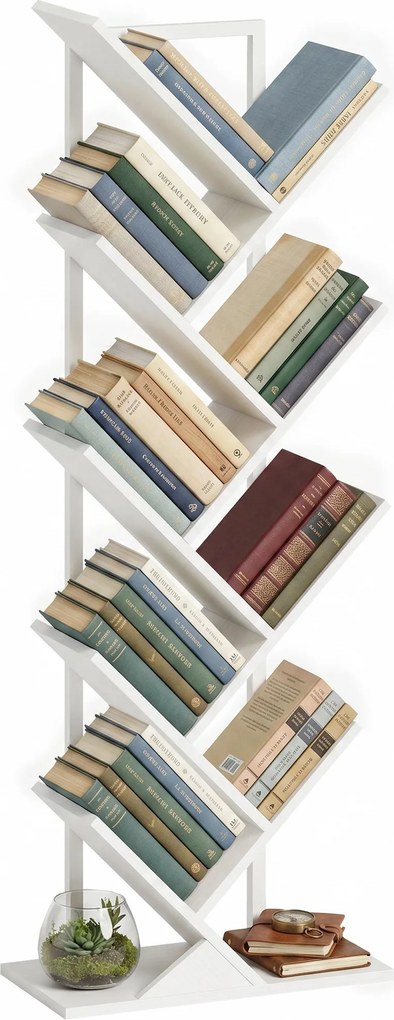 HOMCOM Tree-Shaped 9-Tier Slim Bookshelf, Corner/Storage Shelf for CDs, DVDs, Vinyl, Living Room, Bedroom, Office, White | Aosom