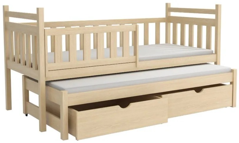 Detská posteľ z masívu borovice PROKOP s prístelkou a šuplíkmi - 200x90 cm - PRÍRODNÁ BOROVICA