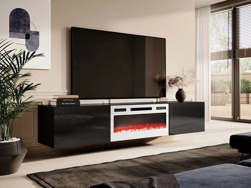 TV skrinka Koda 200 s krbom, Farby: čierny / čierny lesk, Krb: biely