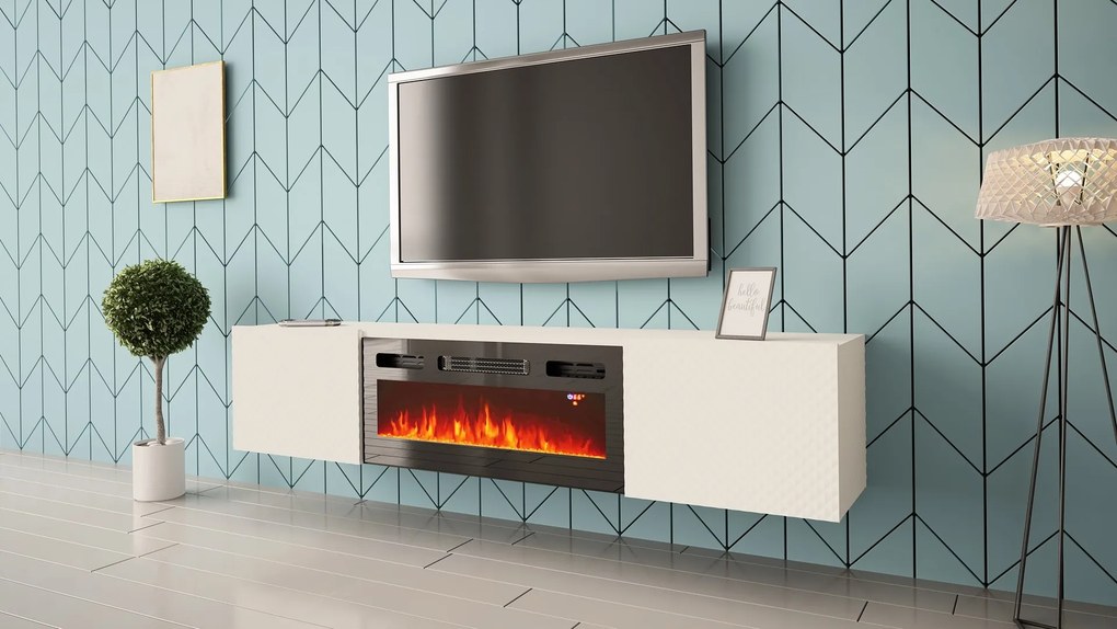Luxusný TV stolík SANDRA závesná biela s elektrickým krbom