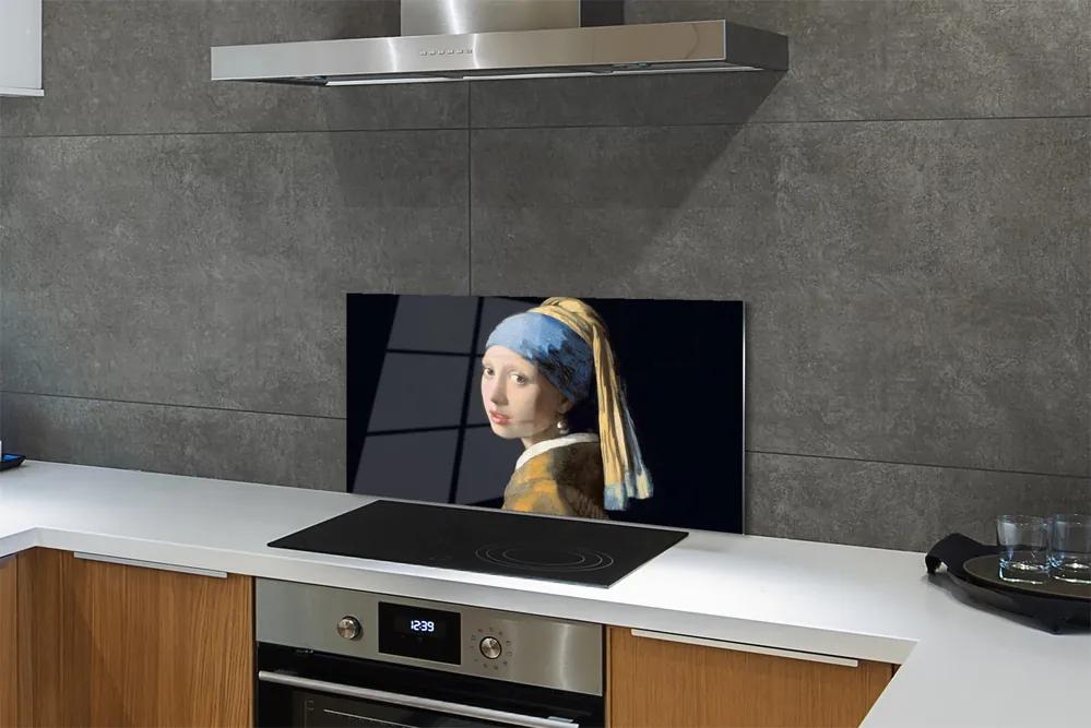 Sklenený obklad do kuchyne Art Dievča s perlou 140x70 cm