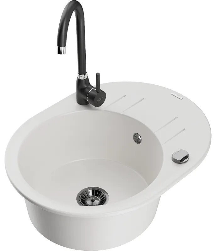 Mexen Kevin, drez granitový 586x458x190 mm, 1-komorový a čierna matná batéria Telma, biela, 6517-20-670200-70