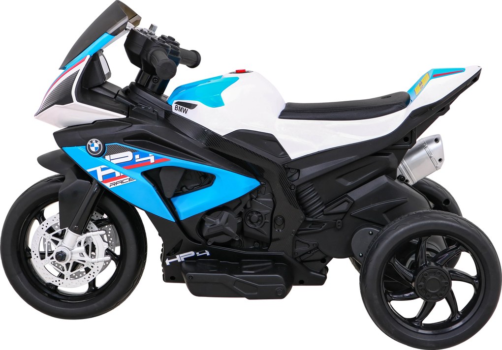 Ramiz BMW HP4 Detský motocykel na batérie Modrá + 3 kolieska + LED + MP3 USB + Eco koža