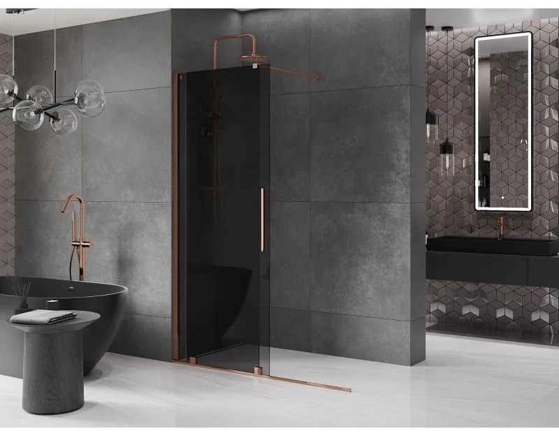 Mexen Velar, sprchová zástena s posuvnými dverami Walk-in 140 x 200 cm, 8mm šedé sklo, ružové zlato, 871-140-000-43-60
