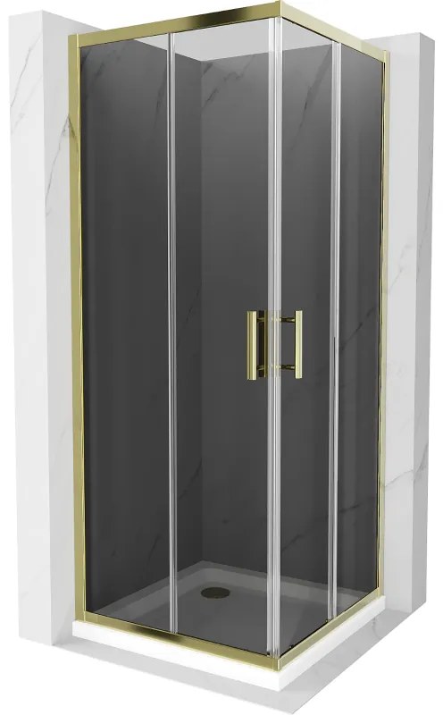 Mexen Rio, štvorcový sprchovací kút s posuvnými dverami 80(dvere) x 80(dvere) x 190 cm, 6mm šedé sklo, zlatý profil + biela sprchová vanička SLIM, 860-080-080-50-40-4010G