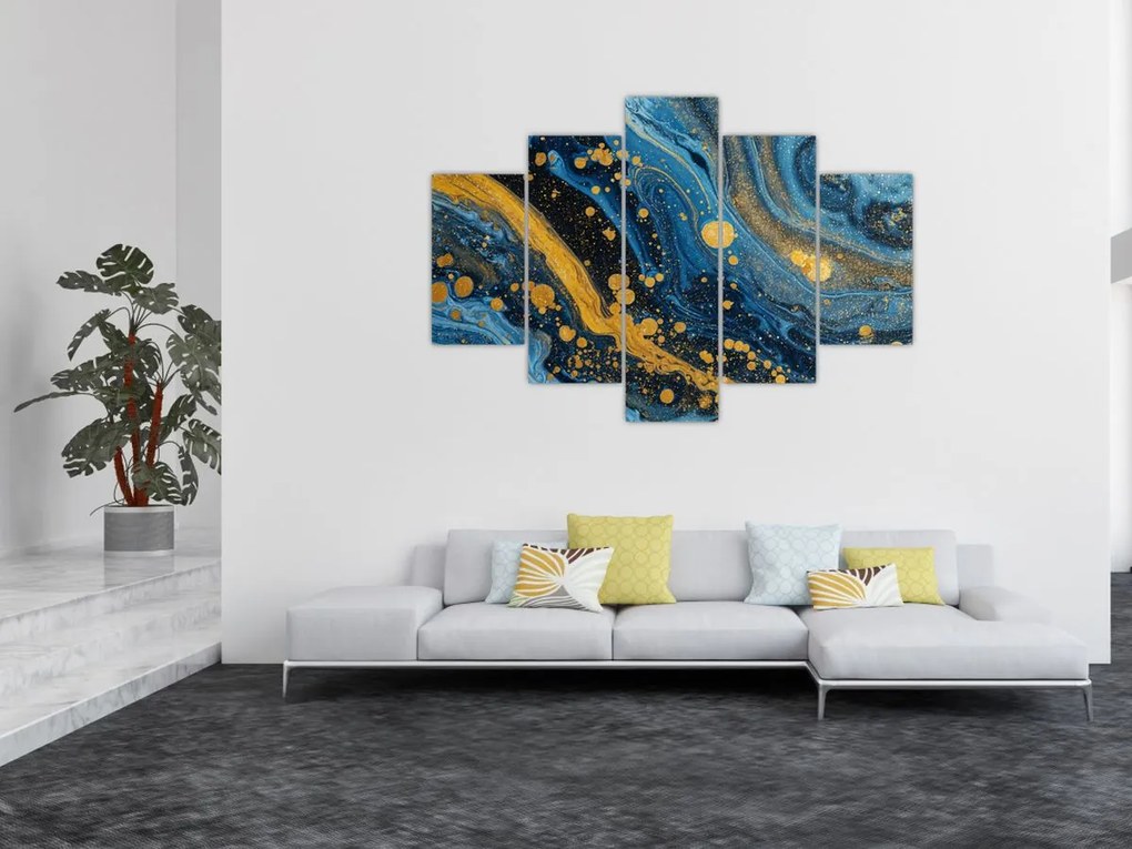 Obraz - Modrá abstrakcia so zlatom (150x105 cm)