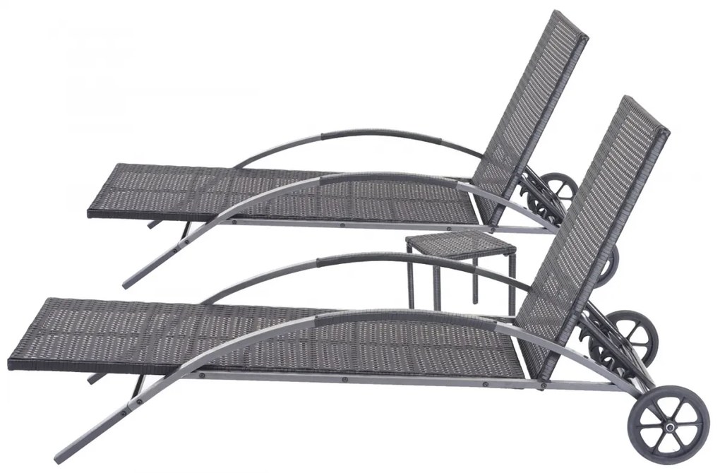 Set 2 záhradných lehátok HWC-E27, polyratan, čierne vankúše - tmavo sivá