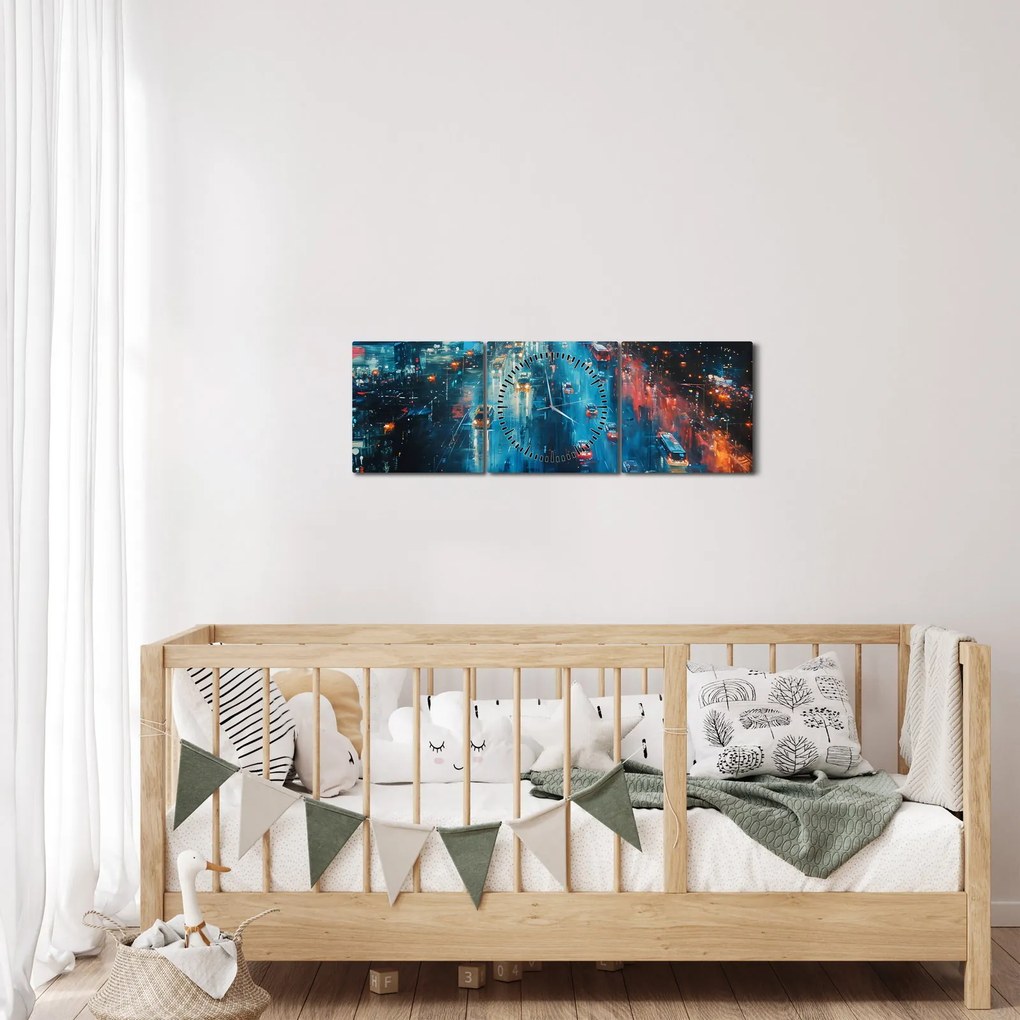 Obraz - Veľkomesto, olejomaľba (s hodinami) (90x30 cm)