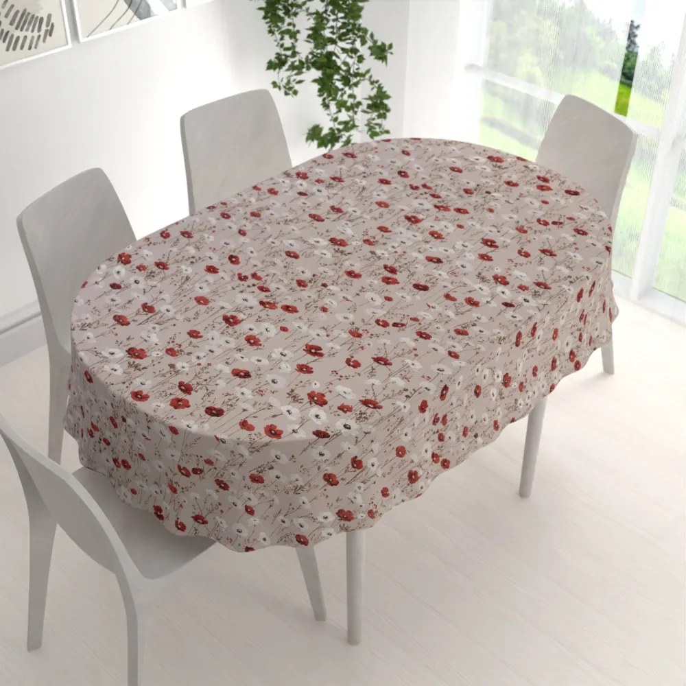 Biante Bavlnený oválny obrus Sandra SA-631 Červeno-biele vlčie maky na sivobéžovom 60x100 cm