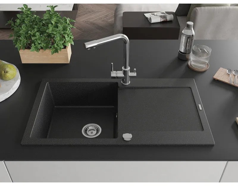 Mexen Leo, drez granitový 900x500x190 mm, 1-komorový a chrómová batéria Duero, čierna-strieborná metalíza, 6501-73-671600-00