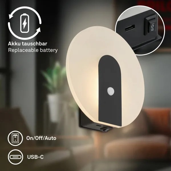Briloner 3889015 - LED nabíjacie nástenné svietidlo so senzorom TARO LED/2,5W/5V 1800 mAh čierne