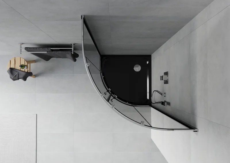 Mexen Rio, štvrťkruhový sprchovací kút s posuvnými dverami 80 x 80 cm, 6mm šedé sklo, chrómový profil + čierna sprchová vanička, 863-080-080-01-30-4170