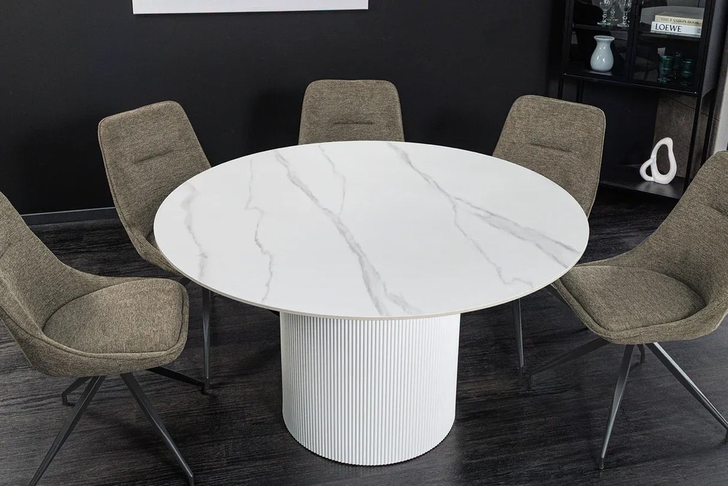 Jedálenský stôl UNIQUE 120 cm okrúhly s bielym rámom, keramickou doskou z bieleho mramoru
