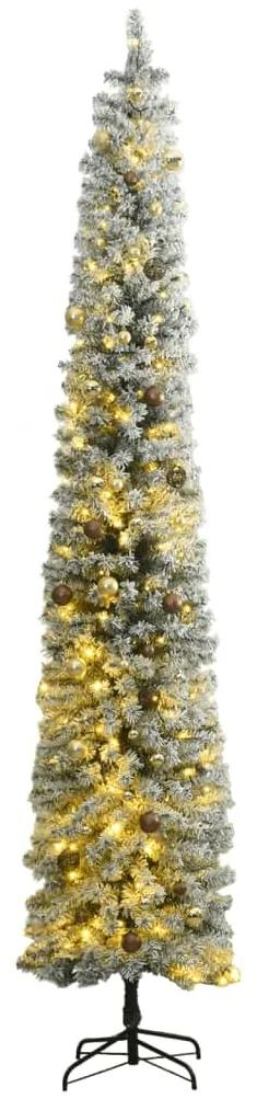 Úzky vianočný stromček 300 LED, zasnežený s guľami 270 cm 3210218