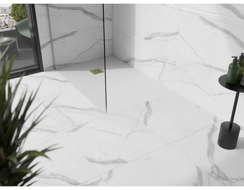 Mexen Stone+, obdĺžniková vanička z minerálneho kompozitu 110 x 80 cm, biela, zlatá lesklá krytka, 44108011-G