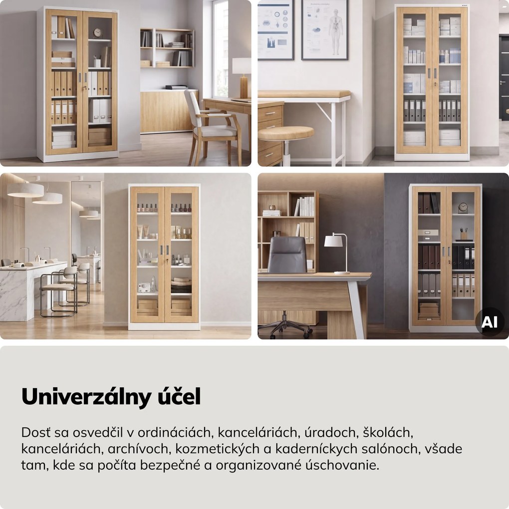 Kovová skriňa s vitrínou biela, dub sonoma, 900x1850x400 mm: AMELIA Eco Design