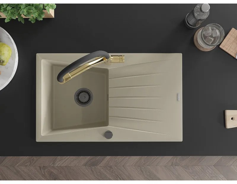 Mexen Cesar, 1-komorový granitový drez 775x470x190 mm a drezová batéria Duo, béžová, 6514-69-671701-57-B