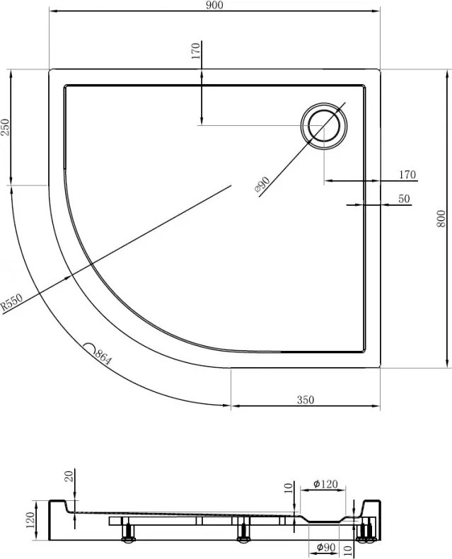 Mexen Flow+ asymetrický pravý štvrťkruhový sprchový kút 90 x 80 cm, čierna matná, 46Q708090RH